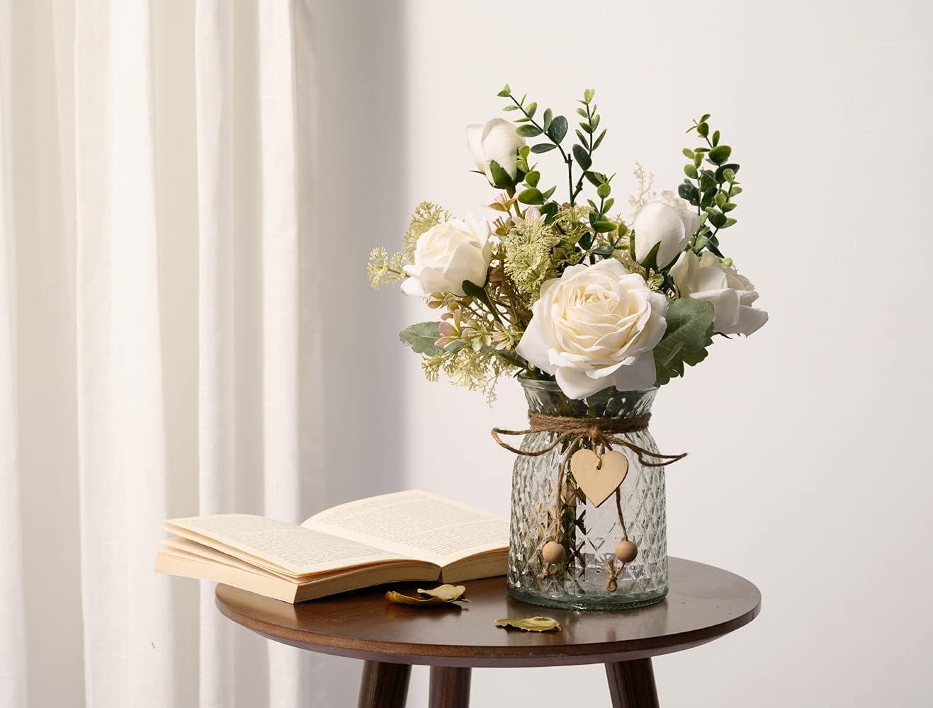 YJ Fake Flowers with Vase, Silk Roses Artificial Flowers in Vase, Faux Flower Plant Arrang