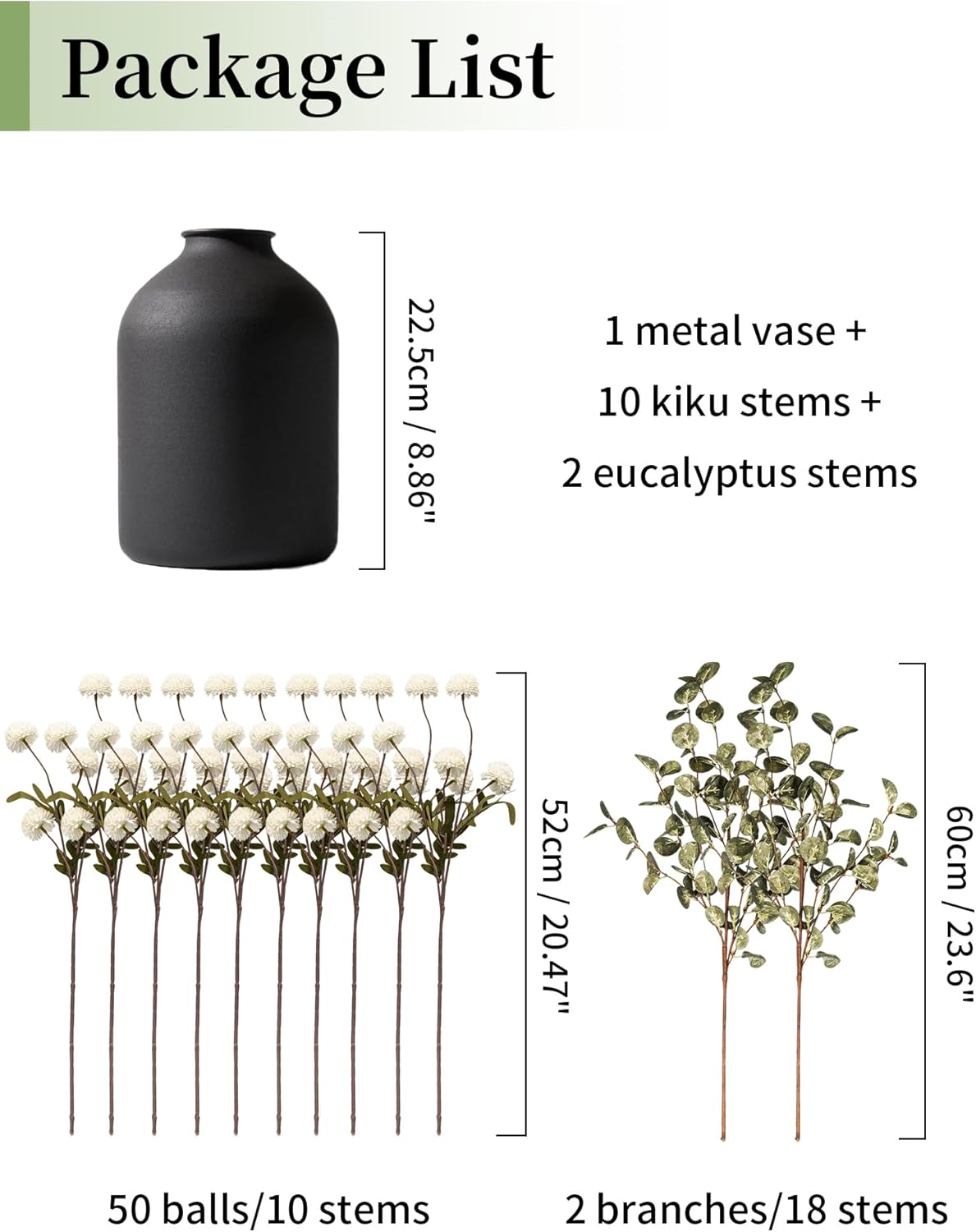 BLOSMON Fake Flowers in Vase for Centerpieces: Metal Vase with 12 Stems of Artificial Mums Kiku Flowers Eucalyptuses Dining Table Decor - White Faux Silk Pom Poms Floral Arrangements for Home Indoor White 1
